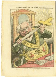 Illustratie door Achille Lemot (1846-1909) in Le Pelerin, 23/05/09 - De slang en de limoen - Antimaconisme Vrijmetselarij, Religie Geloof, Christelijk Kruis, Fabels La Fontaine en anderen, Katholicisme - Secularisatie