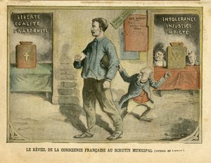 Illustratie van Achille Lemot in Le Pelerin, 01/05/04 - Het ontwaken van het Franse geweten bij de gemeenteraadsverkiezingen - Verkiezingen, Religie, Blok van links, Katholicisme - Secularisatie - Combes Emile