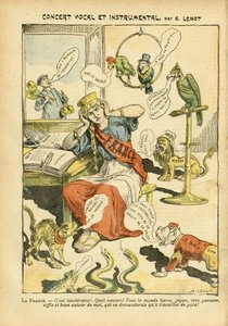 Illustratie van Achille Lemot (1846-1909) in Le Pelerin, 21/05/05 - Vocaal en instrumentaal concert - Rusland, Duitsland Pruisen, Muziek, Engeland Groot-Brittannië, Europa, Japan, Vrede, Marokko, Diplomatie, Driekleurige vlag, Blok van links, Zingen zanger