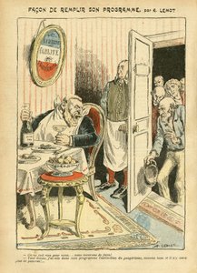 Illustratie van Achille Lemot in Le Pelerin, 23/07/05 - Hoe zijn programma te vervullen - Sociaal, Armoede, Gastronomie koken, Socialisme - Jaurès Jean, Afgevaardigde, Homemans - Voedsel Metafoor, Oppositie/Associatie door Achille Lemot
