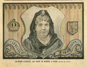 Illustratie van Achille Lemot (1846-1909) in Le Pelerin, 24/04/04 - Koningin Isabelle, die net is overleden in Parijs - Parijs, Spanje, Monarchie, Buitenlandse Soeverein - Isabella II van Spanje (1830-1904)