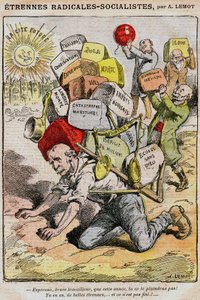Radicaal-Socialisten: cartoon door Achille Lemot (1846-1909) in Le Pelerin (1909) - een arbeider bezwijkt onder de last van belastingen, belastingen en ongemakken als gevolg van het wanbeheer van de regering en Georges Clemenceau - stakingen door Achille Lemot