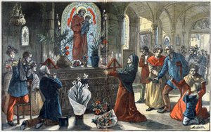 De devotie tot Sint Antonius van Padua verenigt alle klassen van de samenleving voor zijn altaar - Illustratie door Achille Lemot in Le-Pelerin van 1896 door Achille Lemot