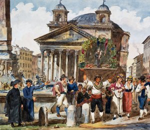 Aardbeienfestival bij het Pantheon in Rome, aquarel door Achille Pinelli