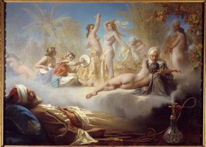 De droom van de gelovige. Een moslim die slaapt na het roken van de waterpijp droomt van oosterse dansers