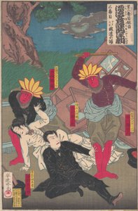 Kabuki-uitvoering met Rode Indianen en Kubuki-acteurs, eind 19e eeuw
