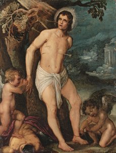 Sint Sebastiaan bijgestaan door engelen door Adam (circle of) Elsheimer