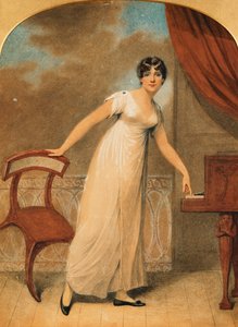 Portret van een dame, staand in een witte jurk bij een piano, 1801 door Adam Buck
