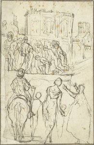 Duits: Josephus wird von Nicanor vor Kaiser Vespasianus geführt Josephus wordt geleid door Nicanor voor keizer Vespasianus door Adam Elsheimer