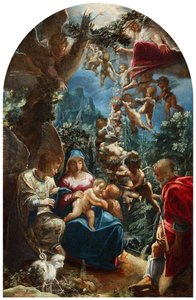 Italiaans: sacra famiglia con san giovannino e un angelo De heilige familie met het kind Johannes de Doper en engelen door Adam Elsheimer