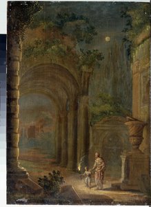 Landschap van ruïnes bij maanlicht