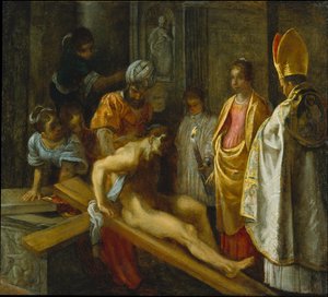 Het Frankfurter altaarstuk van de Verheffing van het Ware Kruis: De beproeving van het kruis (midden rechts) door Adam Elsheimer