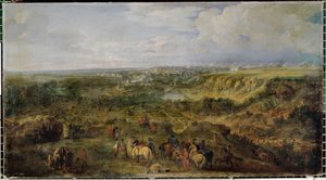 Uitzicht op Luxemburg-stad vanaf de Mansfeld-baden ... door Adam Frans van der (circle of) Meulen