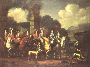 Een elegante jachtpartij bij een ruïne door Adam Frans van der (follower of) Meulen