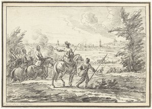 Ruiters op een heuvel voor een stad door Adam Frans van der Meulen (possibly)