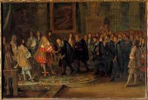 Koning Lodewijk XIV ontvangt Zwitserse ambassadeurs in het Louvre