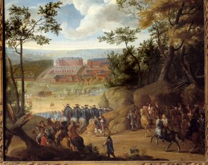 Zicht op Versailles in 1664 met de Koning van Frankrijk Lodewijk XIV en een gezelschap Musketiers door Adam Frans van der Meulen