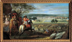 Uitzicht op het kasteel van Fontainebleau in 1669, met Lodewijk XIV (1638-1715) en Maria Theresia van Oostenrijk (1638-1683)