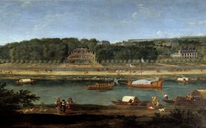 Zicht op het kasteel van Saint Cloud met de koninklijke galerij aan de Seine door Adam Frans van der Meulen