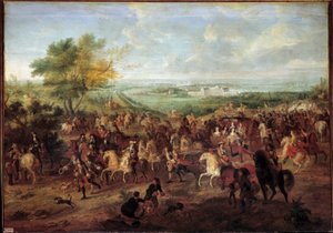 Rit met koets van koning Lodewijk XIV, koningin Marie Thérèse van Oostenrijk, dauphin Louis en dauphine voor het kasteel van Clagny in Versailles