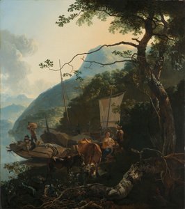 Schippers aangemeerd aan de Oever van een Italiaans Meer (misschien bedoeld om de vlucht naar Egypte voor te stellen)