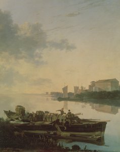 Een houten schuit op de rivier bij zonsondergang door Adam Pynacker