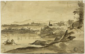 Landschap met visser in meer door Adam Pynacker