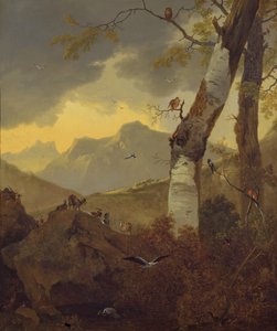 Bergachtig landschap met geiten en vogels, c.1657