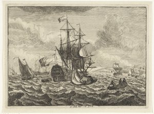 Zeegezichten met schepen en roeiboot