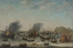 De nederlaag van de Spanjaarden bij Gibraltar door een Nederlandse vloot onder bevel van admiraal Jacob van Heemskerck, 25 april 1607 door Adam Willaerts (signed by artist)