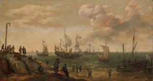 Schepen voor een kust door Adam Willaerts