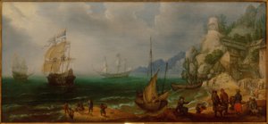 Rotsachtige kustlandschap met zeilschepen en vissers