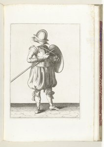 De exercitie met schild en spies: de soldaat houdt spies en schild dicht bij het lichaam (nr. 15), 1618 door Adam van Breen