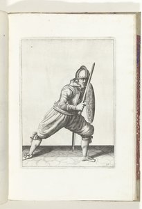 De exercitie met schild en spies: de soldaat in een verdedigende houding met een voet naar voren en met zijn rapier en schild op de knie voor het lichaam (nr. 21), 1618