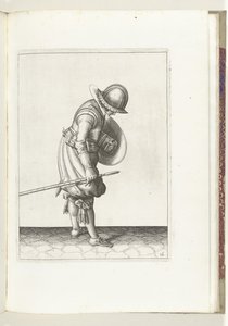 De exercitie met schild en spies: de soldaat legt de spies naast zijn rechtervoet op de grond (nr. 16), 1618