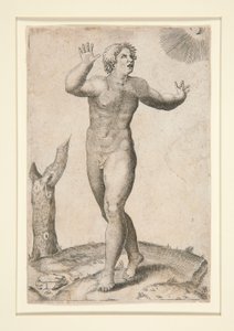 Een naakte man die bang is door het zien van de maan en de zon tegelijkertijd in de lucht door Adamo Scultori
