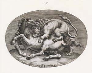 Speculum Romanae Magnificentiae: Leeuw die een paard aanvalt, ca. 1540-80 door Adamo Scultori