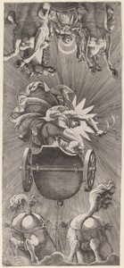 De ondergang van de zon met de strijdwagens van Apollo en Diana door Adamo Scultori after Giulio Romano