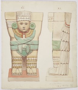 Kariatide uit de buitenkamer, Tempel A, balspelbaan, Chichen Itza, Mexico door Adela Breton