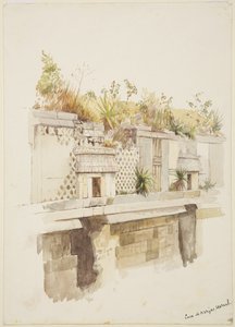 Casa de Monjas, Uxmal, Mexico, schilderij van de bovenverdieping van de ruïnes door Adela Breton