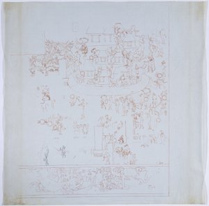 Kopie van een complete muurschildering van de westelijke muur, Bovenste Tempel van de Jaguars, Chichen Itza, Mexico Binnenkamer op westelijke muur Getekend in rode inkt door Adela Breton