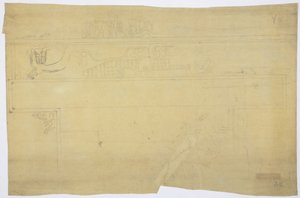 Kopie van een tekening van een muurschildering boven de deur, Bovenste Tempel van de Jaguars, Chichen Itza, Mexico Potlood 