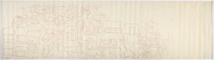 Kopie van een tekening van een muurschildering van het zuidelijke paneel van de westelijke muur, binnenste tempel, Bovenste Tempel van de Jaguars, Chichen Itza, Mexico door Adela Breton