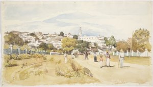 Mannen, vrouwen en kinderen die langs een weg lopen met een dorp op de achtergrond, Jalapa (Xalapa) Veracruz, Mexico