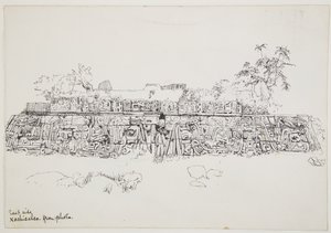 Schilderij van een geschilderd reliëf van de Tempel van de Gevederde Slang Xochicalco, Mexico (oostzijde van het onderste terras)