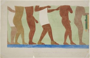 Schildering van een deel van een muurschildering (mensenoffer) Bovenste Tempel Balspelbaan 