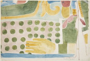 Schilderij van een deel van een muurschildering die mensenoffer uitbeeldt boven de binnendeur, binnenkamer van de Bovenste Tempel van de Jaguars, Chichen Itza door Adela Breton