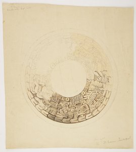 Potdeksel uit Belize (voorheen Brits Honduras) Circulair ontwerp, waarvan een deel ontbreekt, toont een ontwerp met figuren van mannen, glyphs enz. door Adela Breton