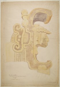 Ruïnes/stenen reliëfs bij de tempel in Uxmal, Mexico Gesneden hoofd, rijkelijk versierd (aquarel)
