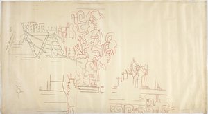 Overtrek van een muurschildering van Casa de Monjas, Chichen Itza, Mexico, overgetrokken en geïnkt in zwart en rood door Adela Breton